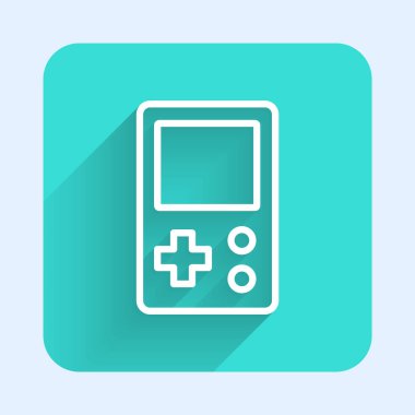 Beyaz çizgi taşınabilir tetris elektronik oyun ikonu uzun gölgeli izole edilmiş. Klasik bir cep tuğlası oyunu. Etkileşimli oyun aygıtı. Yeşil kare düğmesi. Vektör.