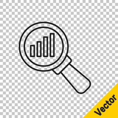 Siyah çizgi büyüteç ve veri analiz simgesi şeffaf arkaplanda izole edildi. Vektör.