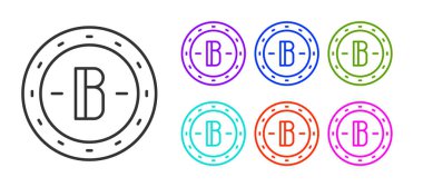 Siyah çizgi kripto para birimi Bitcoin simgesi beyaz arka planda izole edildi. Madeni para. Engelleme zinciri tabanlı şifreli para birimi. Simgeleri renklendirin. Vektör.