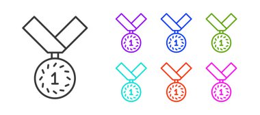 Beyaz arkaplanda siyah çizgi madalyası ikonu izole edildi. Kazanan sembol. Simgeleri renklendirin. Vektör.