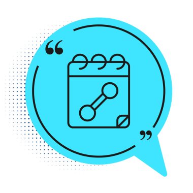 Beyaz arkaplanda siyah çizgi takvim fitness simgesi izole edildi. Eğitim programı. Mavi konuşma balonu sembolü. Vektör.