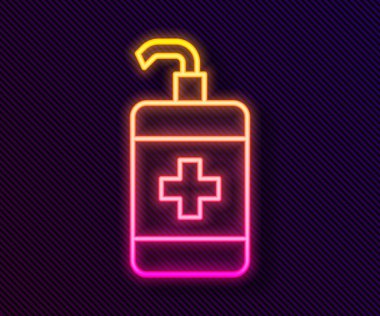 Parlayan neon hattı El dezenfektanı ikonu siyah arka planda izole edildi. Dezenfeksiyon konsepti. Yıkama jeli. Hijyen için alkol şişesi. Vektör.