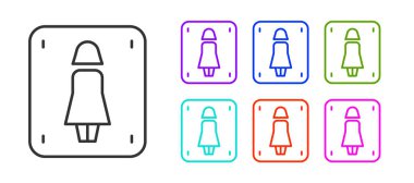 Siyah çizgi kadın tuvalet simgesi beyaz arka planda izole edilmiş. Tuvalet tabelası. Lavaboda. Simgeleri renklendirin. Vektör.