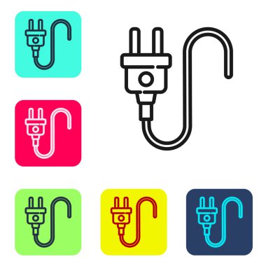 Siyah çizgi elektrik prizi simgesi beyaz arkaplanda izole edildi. Bağlantı kavramı ve elektriğin kesilmesi. Renkli kare düğmelerle simgeleri ayarla. Vektör.
