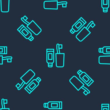 Yeşil çizgi diş fırçası ve diş macunu ikonu tüpü mavi arkaplanda izole edilmiş pürüzsüz desen. Tek kullanımlık tuvalet malzemeleri. Vektör.