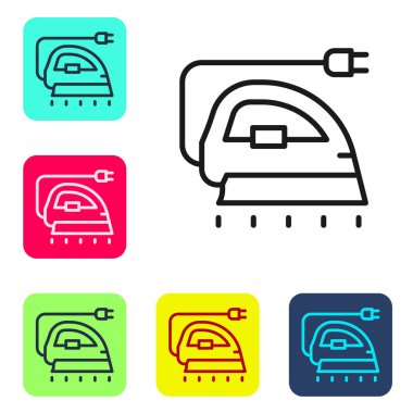 Beyaz arkaplanda siyah çizgi elektrikli demir ikonu izole edildi. Buhar ütüsü. Renkli kare düğmelerle simgeleri ayarla. Vektör.