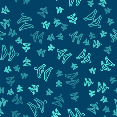 Yeşil çizgi elbise askısı ikonu mavi arka planda izole edilmiş pürüzsüz desen. Vestiyer ikonu. Kıyafet servis sembolü. Çamaşır askı tabelası. Vektör.