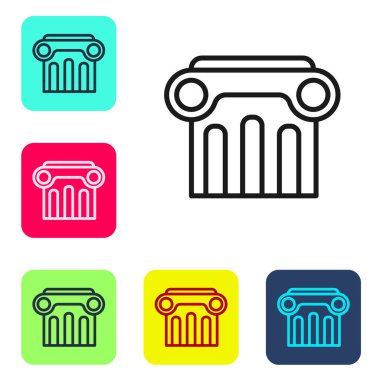 Siyah çizgi Hukuk sütunu simgesi beyaz arkaplanda izole edildi. Renkli kare düğmelerle simgeleri ayarla. Vektör.