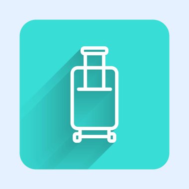 Seyahat simgesi için beyaz bavul uzun gölgeli izole edilmiş. Seyahat bagaj tabelası. Seyahat bagaj ikonu. Yeşil kare düğmesi. Vektör.