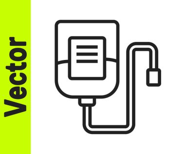 Beyaz zemin üzerinde siyah çizgi IV çanta ikonu izole. Kan torbası. Kan bağışı konsepti. Tedavi ve terapi kavramı, kemoterapi. Vektör.