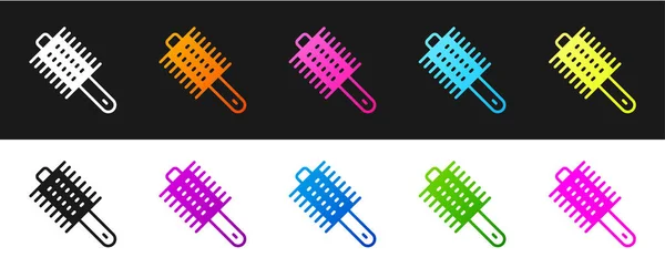 Set Hairbrush Icon Isolated Black White Background Comb Hair Sign — Stock Vector