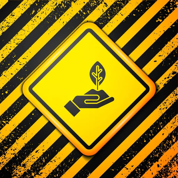 Černá Rostlina Ruce Ikony Ochrany Životního Prostředí Izolované Žlutém Pozadí — Stockový vektor