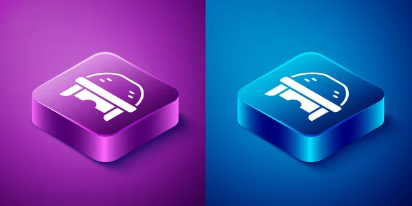 Isometric Hockey Helmet Icon Isolated Blue Purple Background Square Button — Stock Vector