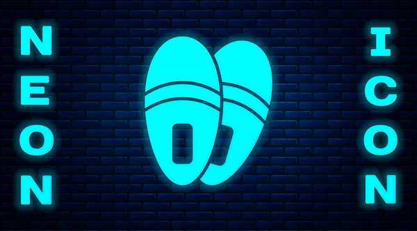 Zářící Neon Slippers Ikona Izolované Pozadí Cihlové Zdi Flip Flops — Stockový vektor