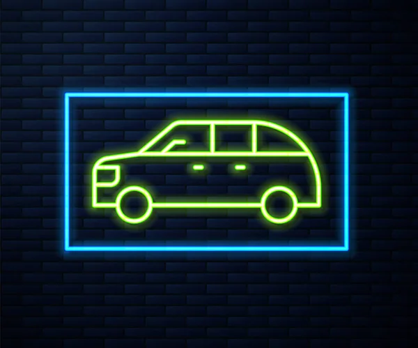 Ragyogó Neon Vonal Hatchback Autó Ikon Elszigetelt Téglafal Háttér Vektor — Stock Vector