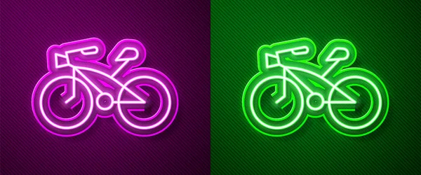 Linha Néon Brilhante Ícone Bicicleta Isolado Fundo Roxo Verde Corrida — Vetor de Stock