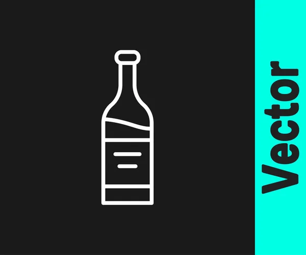 Weiße Linie Flasche Wein Symbol Isoliert Auf Schwarzem Hintergrund Vektor — Stockvektor