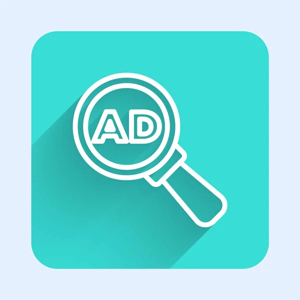 白线广告图标与长影隔离 营销和促销过程的概念 反应灵敏的广告社交媒体广告 绿色正方形按钮 — 图库矢量图片
