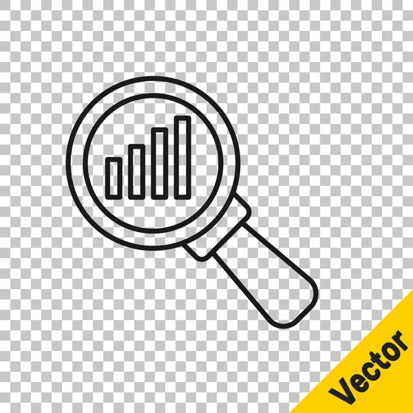 Siyah çizgi büyüteç ve veri analiz simgesi şeffaf arkaplanda izole edildi. Vektör.