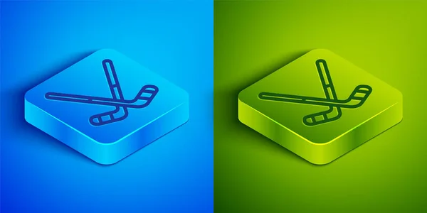 Isometric Line Ice Hockey Sticks Icon Isolated Blue Green Background — Stock Vector