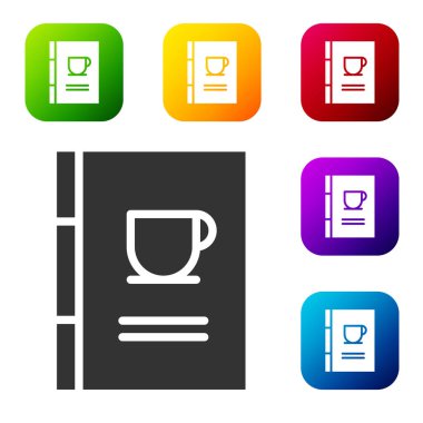 Siyah kahve kitabı ikonu beyaz arkaplanda izole edilmiş. Renkli kare düğmelerle simgeleri ayarla. Vektör İllüstrasyonu.