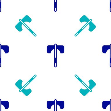 Mavi Ortaçağ balta simgesi beyaz arka planda izole edilmiş kusursuz desen. Savaş baltası, cellat baltası. Ortaçağ silahı. Vektör.