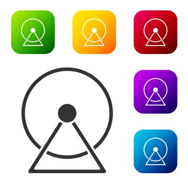 Siyah Hamster tekerleği simgesi beyaz arkaplanda izole edilmiş. Kemirgenler için tekerlek. Evcil hayvan dükkanı. Renkli kare düğmelerle simgeleri ayarla. Vektör.