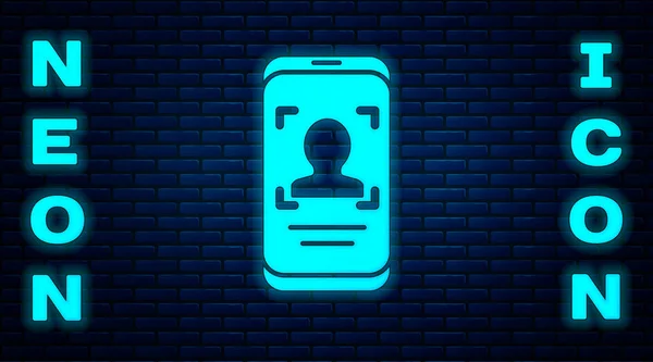 Celular Néon Brilhante Ícone Reconhecimento Facial Isolado Fundo Parede Tijolo —  Vetores de Stock