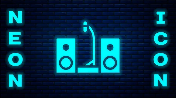 Glowing Neon Home Stereo Two Speaker Icon Isolated Brick Wall — Stock Vector