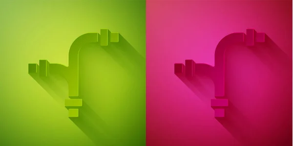 紙カット緑とピンクの背景に分離産業用金属パイプアイコン 異なる形状の配管パイプライン部品 紙のアートスタイル ベクトル — ストックベクタ