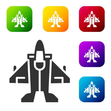 Siyah Jet savaş ikonu beyaz arka planda izole edildi. Askeri uçak. Renkli kare düğmelerle simgeleri ayarla. Vektör.