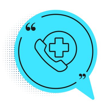 Siyah hat acil durum telefonu beyaz arka planda izole edilmiş bir hastane ikonu. Mavi konuşma balonu sembolü. Vektör İllüstrasyonu.