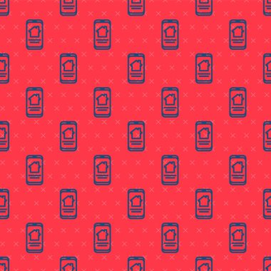 Akıllı telefon ikonundaki Blue Line Online emlak evi kırmızı arka plandaki kusursuz deseni izole etti. Ev kredisi konsepti, kira, satın alma, mülk alma. Vektör İllüstrasyonu.