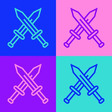 Pop sanat çizgisi ortaçağ kılıç simgesini renk arkaplanından soyutlamış. Ortaçağ silahı. Vektör.