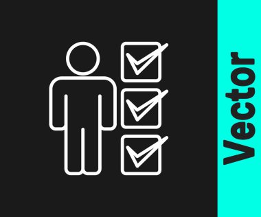 Siyah arka planda beyaz çizgi ikonlu adam kullanıcısı izole edildi. İş simgesi kullanıcı profili simgesi simgesi. Erkek kullanıcı işareti. Vektör.