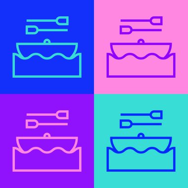 Renkli arka planda izole edilmiş kürek ikonlu Pop Art Line Boat. Su sporları, ekstrem sporlar, tatil, tatil, takım oluşturma. Vektör.
