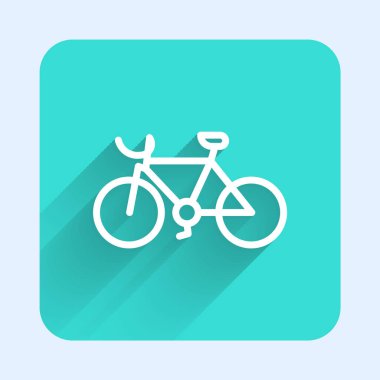 Beyaz çizgi bisiklet ikonu uzun gölgeli izole edilmiş. Bisiklet yarışı. Olağanüstü bir spor. Spor malzemeleri. Yeşil kare düğmesi. Vektör.