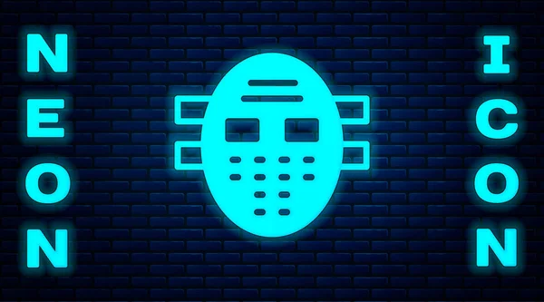 Zářící Ikona Neonové Hokejové Masky Izolované Pozadí Cihlové Stěny Vektor — Stockový vektor