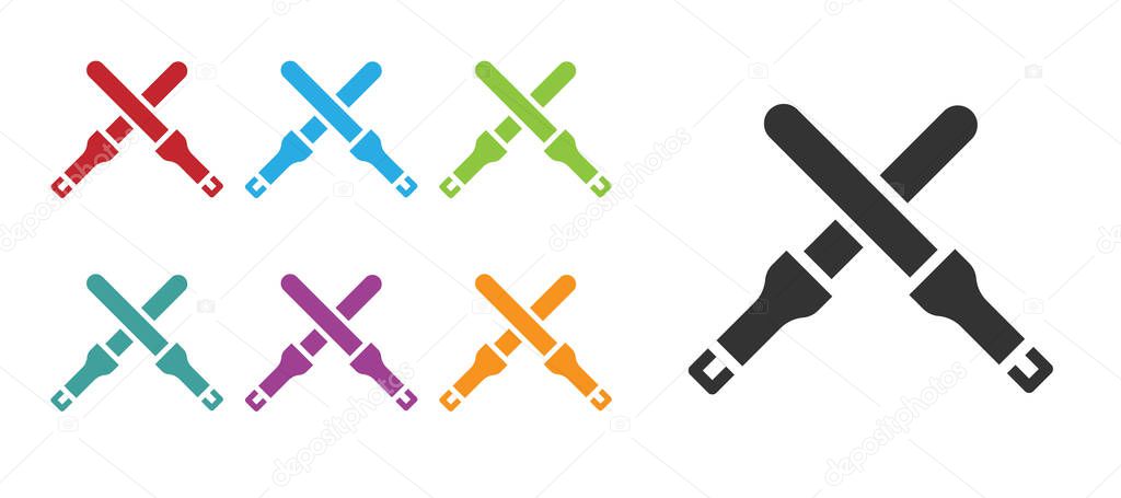 Black Marshalling wands for the aircraft icon isolated on white background. Marshaller communicated with pilot before and after flight. Set icons colorful. Vector.