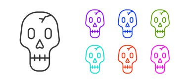 Siyah çizgi Kafatası simgesi beyaz arkaplanda izole edildi. Mutlu Cadılar Bayramı Partisi. Simgeleri renklendirin. Vektör.