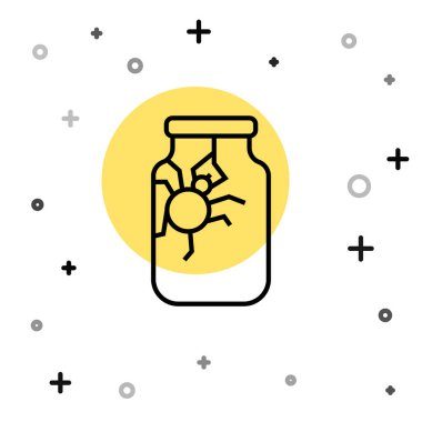 Siyah çizgi örümceği beyaz arka planda izole edilmiş kavanoz simgesinde. Mutlu Cadılar Bayramı Partisi. Rastgele dinamik şekiller. Vektör.