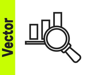 Beyaz zemin üzerinde siyah çizgi büyüteç ve veri analiz simgesi izole edildi. Vektör.