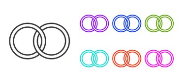 Siyah çizgi alyans simgesi beyaz arkaplanda izole edildi. Gelin ve damat mücevher tabelası. Evlilik sembolü. Elmas yüzük. Simgeleri renklendirin. Vektör.