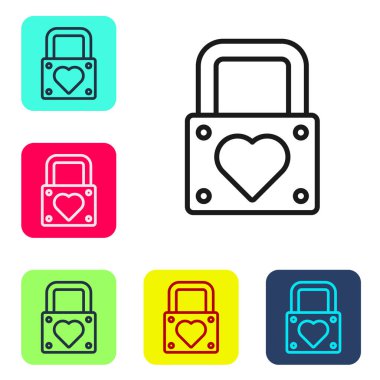 Siyah çizgi kilit ve kalp simgesi beyaz arkaplanda izole edildi. Kilitli Kalp. Aşk sembolü ve anahtar deliği işareti. Sevgililer Günü sembolü. Renkli kare düğmelerle simgeleri ayarla. Vektör.