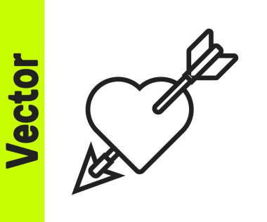 Beyaz zemin üzerinde kalp ve ok simgesi olan siyah çizgi Amour sembolü. Aşk işareti. Sevgililer Günü sembolü. Vektör.