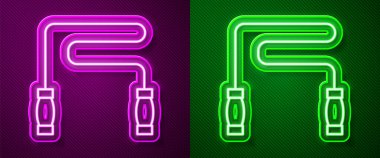 Parlayan neon hattı atlama ipi simgesi mor ve yeşil arkaplanda izole edildi. İp atlıyorum. Spor malzemeleri. Vektör.