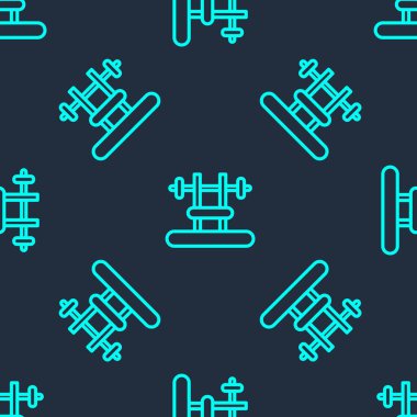 Yeşil çizgi benç ve barbel simgesi mavi arka planda izole edilmiş pürüzsüz desen. Spor aletleri. Vücut geliştirme, ağırlık kaldırma, fitness konsepti. Vektör.