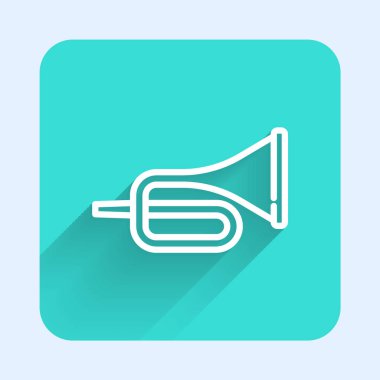 Uzun gölgeli beyaz çizgi müzik aleti trompet ikonu. Yeşil kare düğmesi. Vektör.