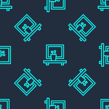 Yeşil çizgi, leğen aynası ikonu mavi arka planda izole edilmiş pürüzsüz desen. Banyo içi aynalı. Vektör.