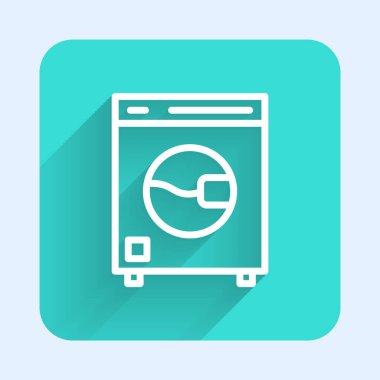 Beyaz çizgi yıkama ikonu uzun gölgeli izole edilmiş. Çamaşır makinesi simgesi. Çamaşır makinesi, çamaşır makinesi. Ev aletleri sembolü. Yeşil kare düğmesi. Vektör.